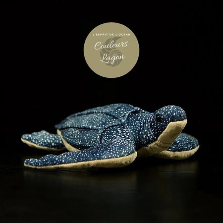 avant droit - Jouet Peluche Tortue Luth Bleu de Mer Réaliste 30cm - Couleurs Lagon