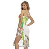 Jupe fendue à bretelles croisées blanc florale HIBISCUS 3 - Couleurs Lagon