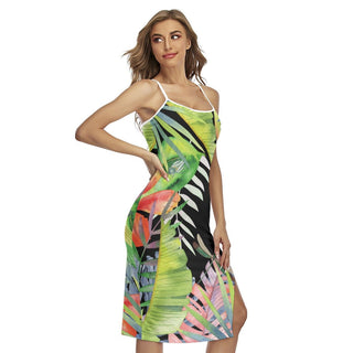 Jupe fendue à bretelles croisées NOIRE FLORALE HIBISCUS - Couleurs Lagon