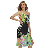 Jupe fendue à bretelles croisées NOIRE FLORALE HIBISCUS 2 - Couleurs Lagon