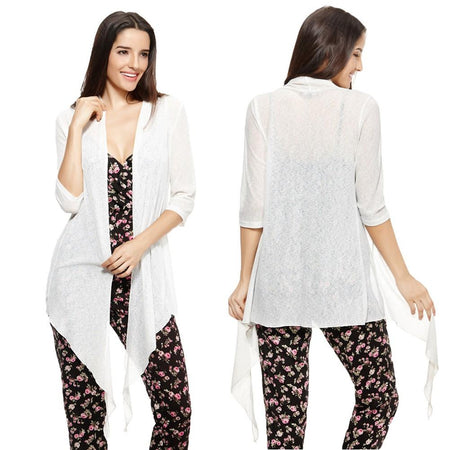 Kimono Femmes Drapé Ouvert Devant Manches Trois-quarts Lâche Casual Hauts Blanc - Couleurs Lagon