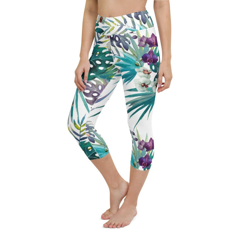 Legging de Yoga Court Taille Haute Couleurs Lagon FLORAL 2 - Couleurs Lagon