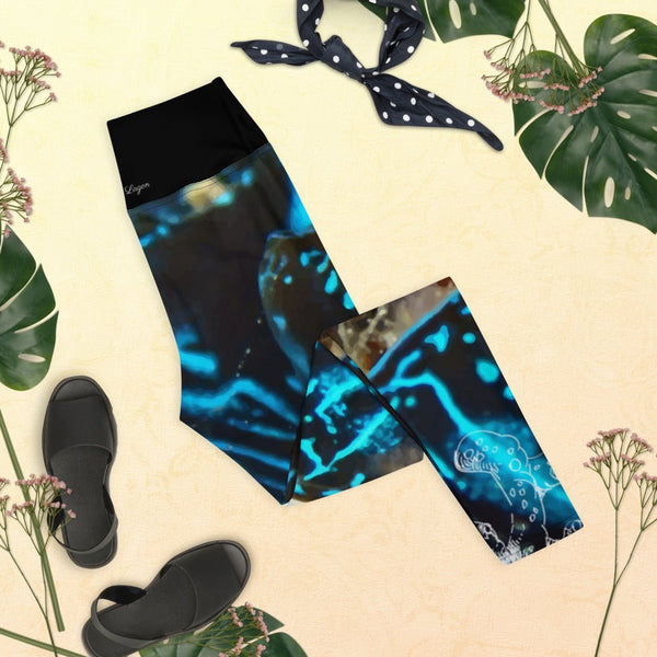 Legging de Yoga Long Taille Haute BLEU BENITIER 1 Ceinture Noir - 1 poche - Couleurs Lagon