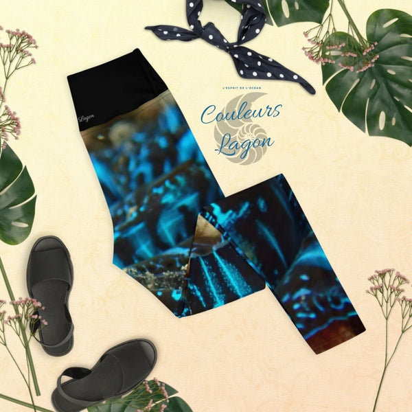 Legging de Yoga Long Taille Haute BLEU BENITIER 2 Ceinture Noir - 1 poche - Couleurs Lagon