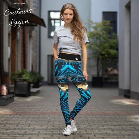 Legging de Yoga Long Taille Haute BLEU BENITIER 2 Ceinture Noir - 1 poche - Couleurs Lagon