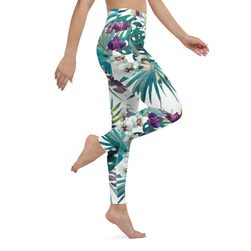 Legging de Yoga Long Taille Haute FLORAL 2 - poche - Couleurs Lagon