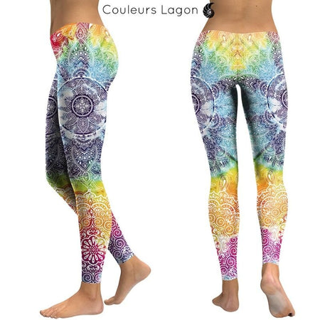 Leggings Femme Mandala Fleurs 7 Chakras Ocean - Couleurs Lagon - avant et dos