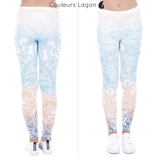 Leggings Mandala Haute Elasticité pour Femme - Couleurs Lagon - avant et dos