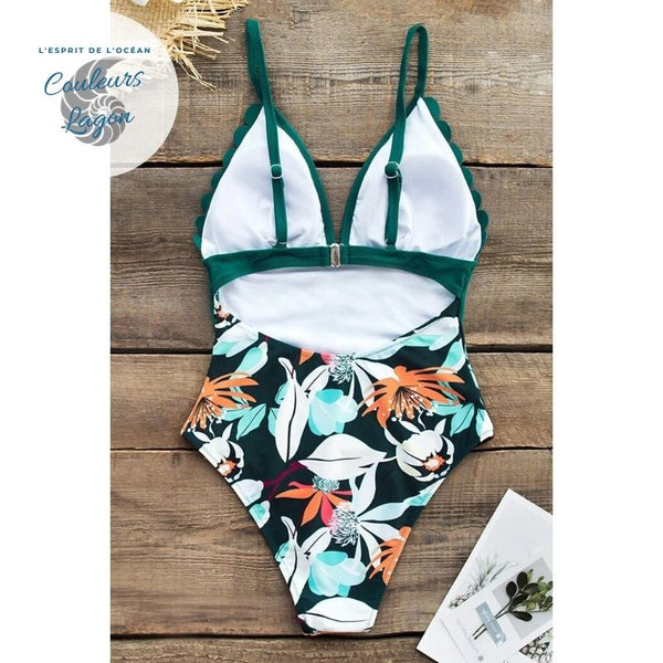 Maillot de bain une pièce imprimé taille haute VERT FLORAL - Couleurs Lagon