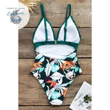 Maillot de bain une pièce imprimé taille haute VERT FLORAL - Couleurs Lagon
