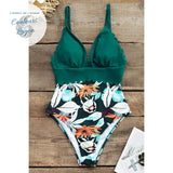 Maillot de bain une pièce imprimé taille haute VERT FLORAL - Couleurs Lagon