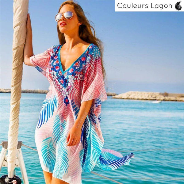 Mini robe paréo tunique mousseline PALMIERA - Couleurs Lagon