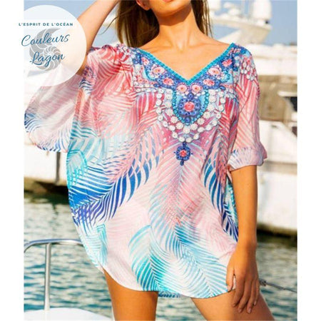 Mini robe paréo tunique mousseline PALMIERA - Couleurs Lagon