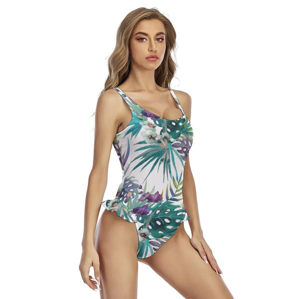 Monokini COULEURS LAGON dos nu et ourlet à volants FLORAL VERT - Couleurs Lagon