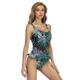 Monokini COULEURS LAGON dos nu et ourlet à volants NOIR et VERT FLORAL - Couleurs Lagon