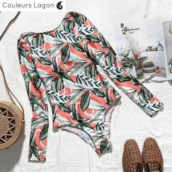 avant a plat - Combi surf rashguard manche longue dos nu floral rose - Couleurs Lagon