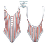 Monokini Push-Up Col V Sexy Dos Nu Rayure PARIS - Couleurs Lagon - avant arrière a plat