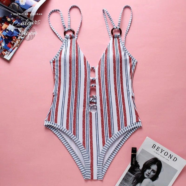 Monokini Push-Up Col V Sexy Dos Nu Rayure PARIS - Couleurs Lagon - avant