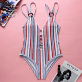 Monokini Push-Up Col V Sexy Dos Nu Rayure PARIS - Couleurs Lagon - avant