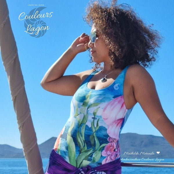 Monokini push-up UPF50+ motif marin marine 1 — avant Couleurs Lagon