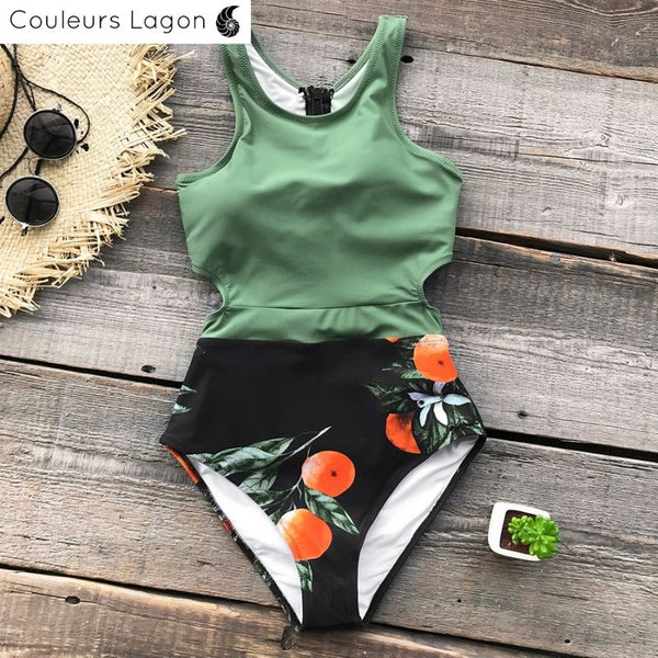 avant à plat - Monokini Push Up Floral Vert Noir Orange - Couleurs Lagon