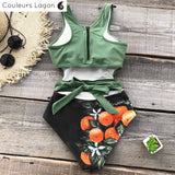 dos à plat - Monokini Push Up Floral Vert Noir Orange - Couleurs Lagon