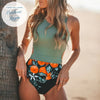 gros plan avant - Monokini Push Up Floral Vert Noir Orange - Couleurs Lagon