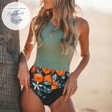 gros plan avant - Monokini Push Up Floral Vert Noir Orange - Couleurs Lagon