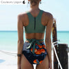 dos attache zip et lien à la taille - Monokini Push Up Floral Vert Noir Orange - Couleurs Lagon