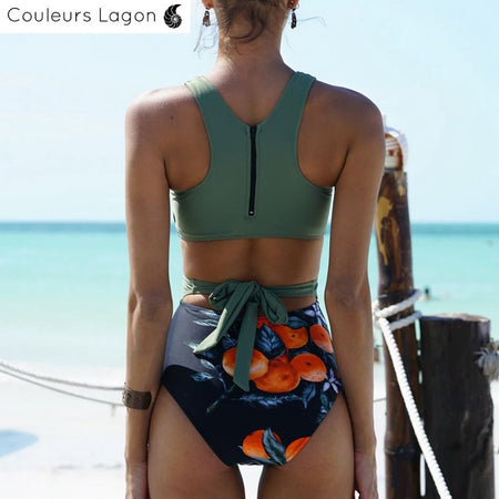 dos attache zip et lien à la taille - Monokini Push Up Floral Vert Noir Orange - Couleurs Lagon