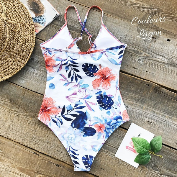 Monokini Push-Up Floral White et Hibiscus - Couleurs Lagon