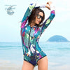 Monokini Push-Up Rasguard Manche Longue OISEAU FLORAL - Couleurs Lagon
