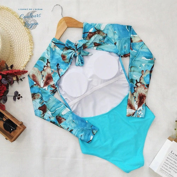 Monokini Push-Up Rashguard Manche Longue Dos Nu Turquoise BLEU LAGON - Couleurs Lagon - dos nu a plat