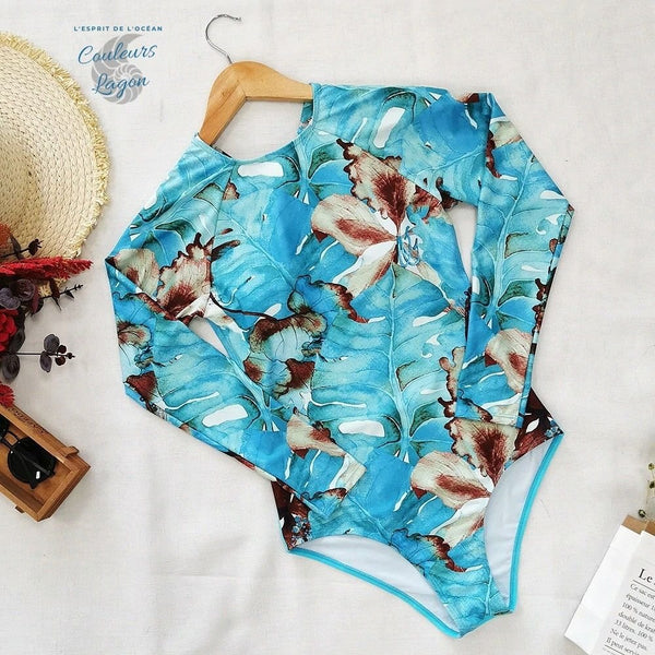 Monokini Push-Up Rashguard Manche Longue Dos Nu Turquoise BLEU LAGON - Couleurs Lagon - avant a plat