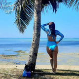 Monokini Push-Up Rashguard Manche Longue Dos Nu Turquoise BLEU LAGON - Couleurs Lagon - dos nu plage et cocotier