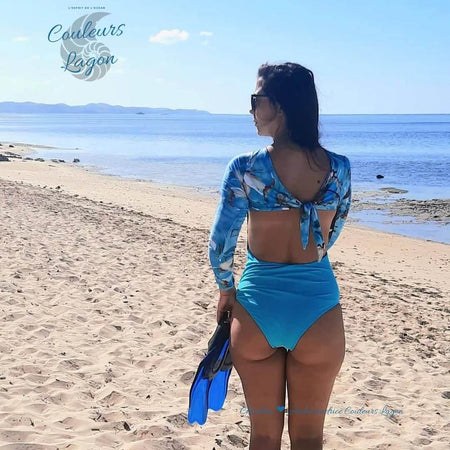 Monokini Push-Up Rashguard Manche Longue Dos Nu Turquoise BLEU LAGON - Couleurs Lagon - dos nu plage attache licou