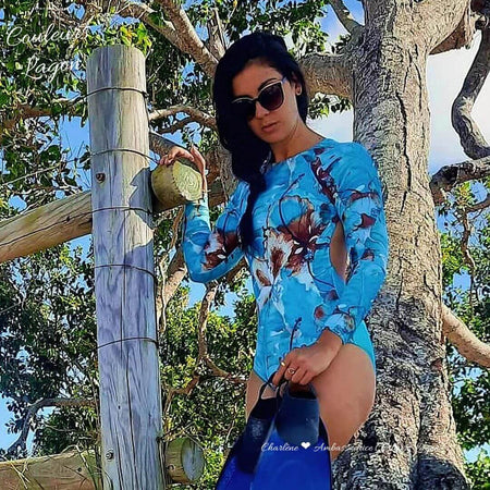 Monokini Push-Up Rashguard Manche Longue Dos Nu Turquoise BLEU LAGON - Couleurs Lagon - avant gauche