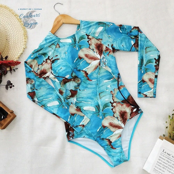 Monokini Push-Up Rashguard Manche Longue Dos Nu Turquoise BLEU LAGON - Couleurs Lagon - avant a plat