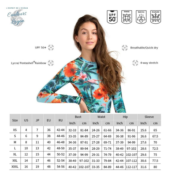 Monokini Push-Up Rashguard Manche Longue FLAMANTS ROSES - Couleurs Lagon - caractéristiques et tailles