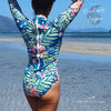 Monokini Push-Up Rashguard Manche Longue FLORAL BARBARA - Couleurs Lagon - dos et zip