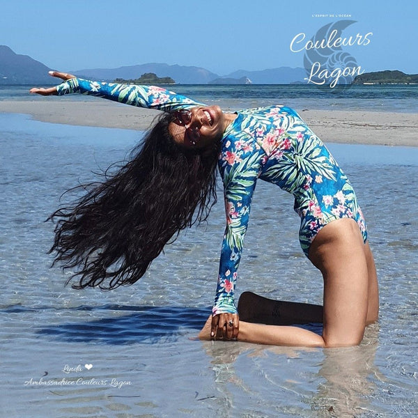 Monokini Push-Up Rashguard Manche Longue FLORAL BARBARA - Couleurs Lagon - profil droit