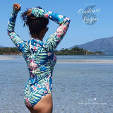 Monokini Push-Up Rashguard Manche Longue FLORAL BARBARA - Couleurs Lagon - dos plan serré attache zip dos