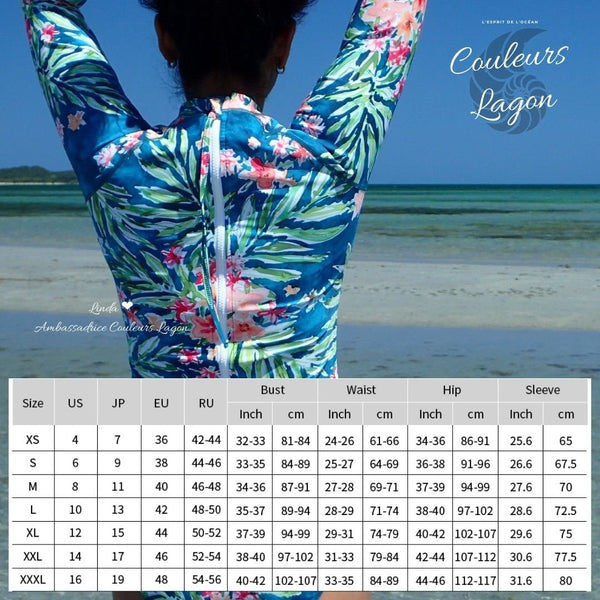 Monokini Push-Up Rashguard Manche Longue FLORAL BARBARA - Couleurs Lagon - tailles