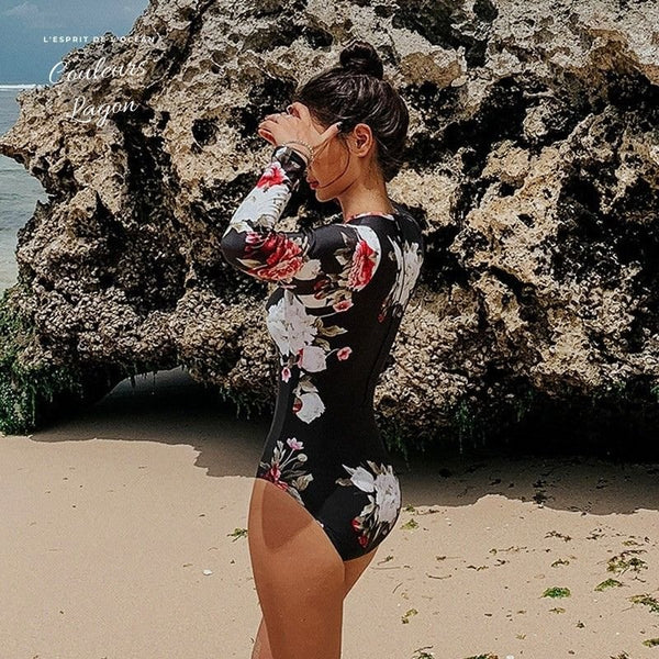 Monokini Rashguard Manche Longue Floral BLACK - Couleurs Lagon - profil arrière gauche