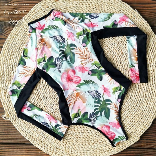 Monokini rashguard hibiscus — dos et coupe tangua brésilien — Couleurs Lagon