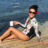 Fermeture zip avant type surf monokini hibiscus — détail — Couleurs Lagon