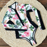 Monokini surf femme hibiscus manches longues — détail tissu floral — Couleurs Lagon