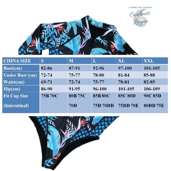 tailles - Monokini Rashguard Manche Longue Floral OISEAU DE PARADIS - Couleurs Lagon
