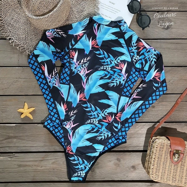 dos - Monokini Rashguard Manche Longue Floral OISEAU DE PARADIS - Couleurs Lagon