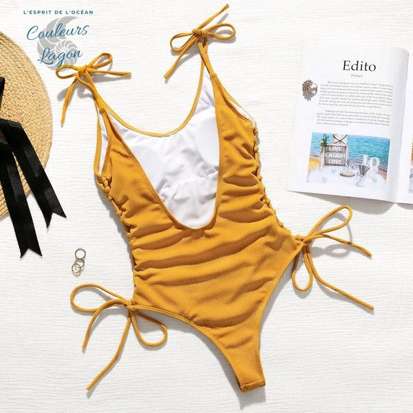 Monokini femme orange à plat vue dos laçage CRISS-CROSS – Couleurs Lagon